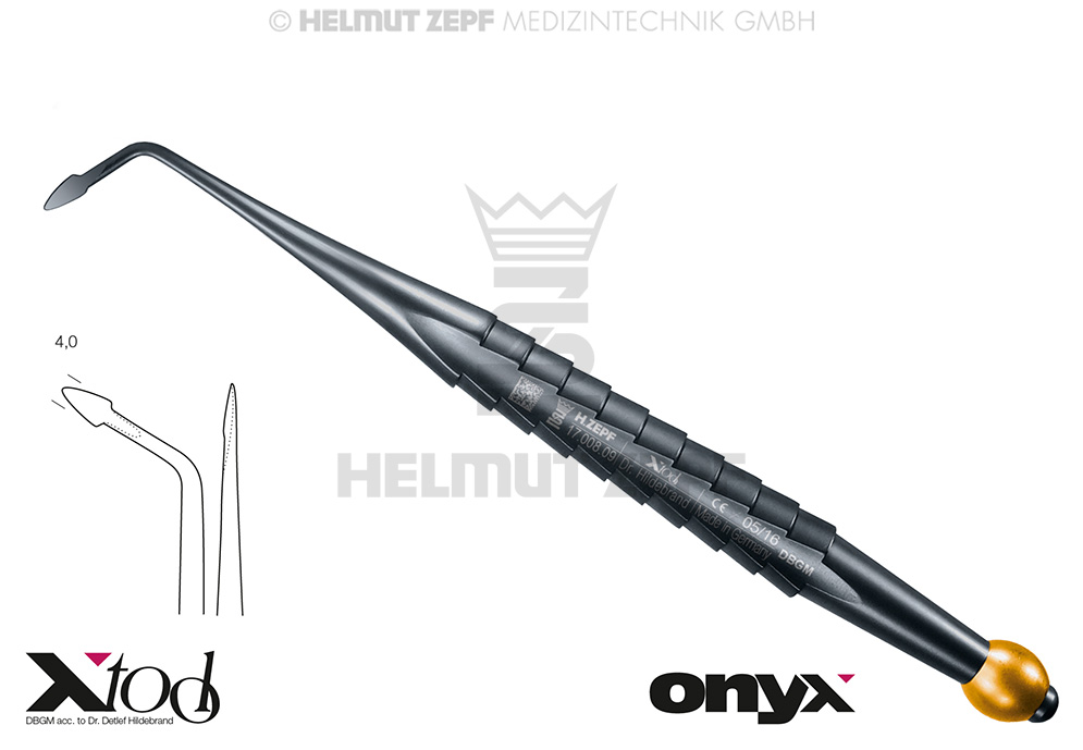 SYNDESMOTOME, COUDÉ À DROITE, POUR LA LUXATION LINGUALE OU BUCCALE, MANCHE ZEPF X-TOOL, CODE COULEUR JAUNE