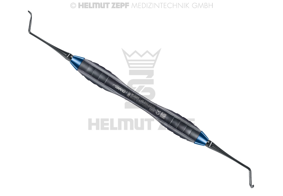 INSTRUMENT SRC FIG 2 DROIR COURBÉ MANCHE BLEU Z-SHAPE, D'APRÈS DR. ZELTNER NANOPAL, INSERTS ÉCHANGEABLES