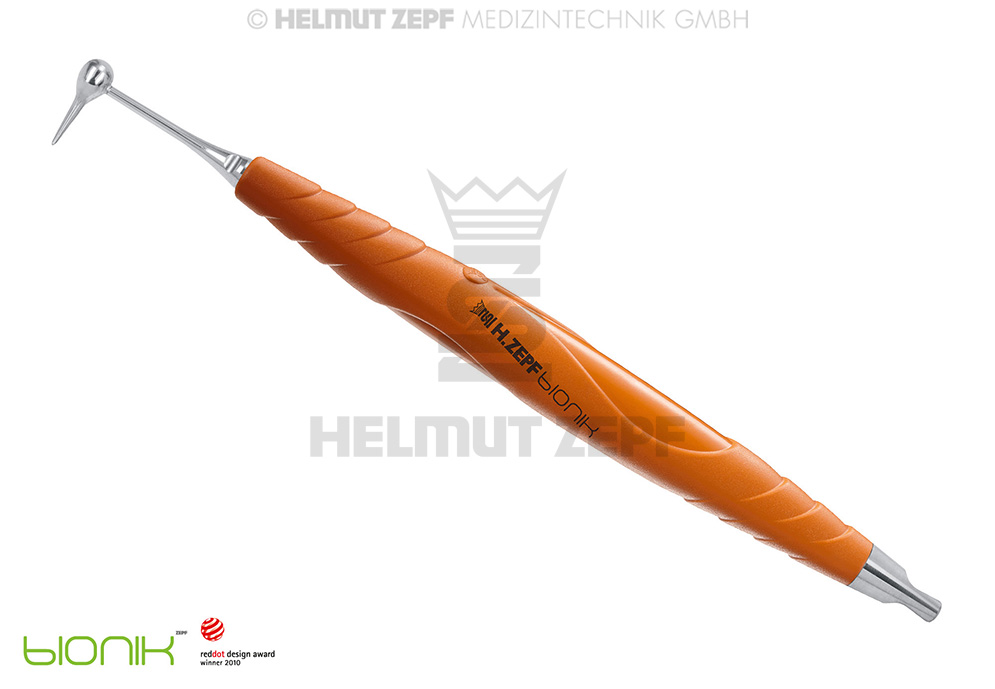 ÉLÉVATEUR POUR PROTHÈSES DENTAIRES D'APRÈS DR. WIETZORKE DANS LE MANCHE BIONIK, ORANGE VIF