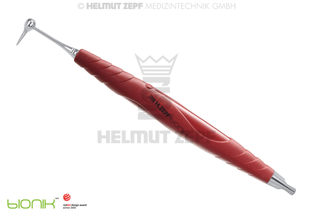 ÉLÉVATEUR POUR PROTHÈSES DENTAIRES D'APRÈS DR. WIETZORKE DANS LE MANCHE BIONIK, ROUGE-VIOLET