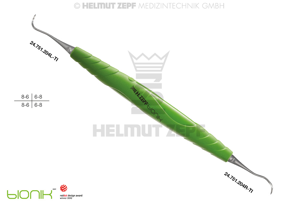 ZEPF-BIONIK CURETTE POUR PARODONTIE, 204S, VERTE-JAUNE, POINTES INTERCHANGEABLES, TITANE