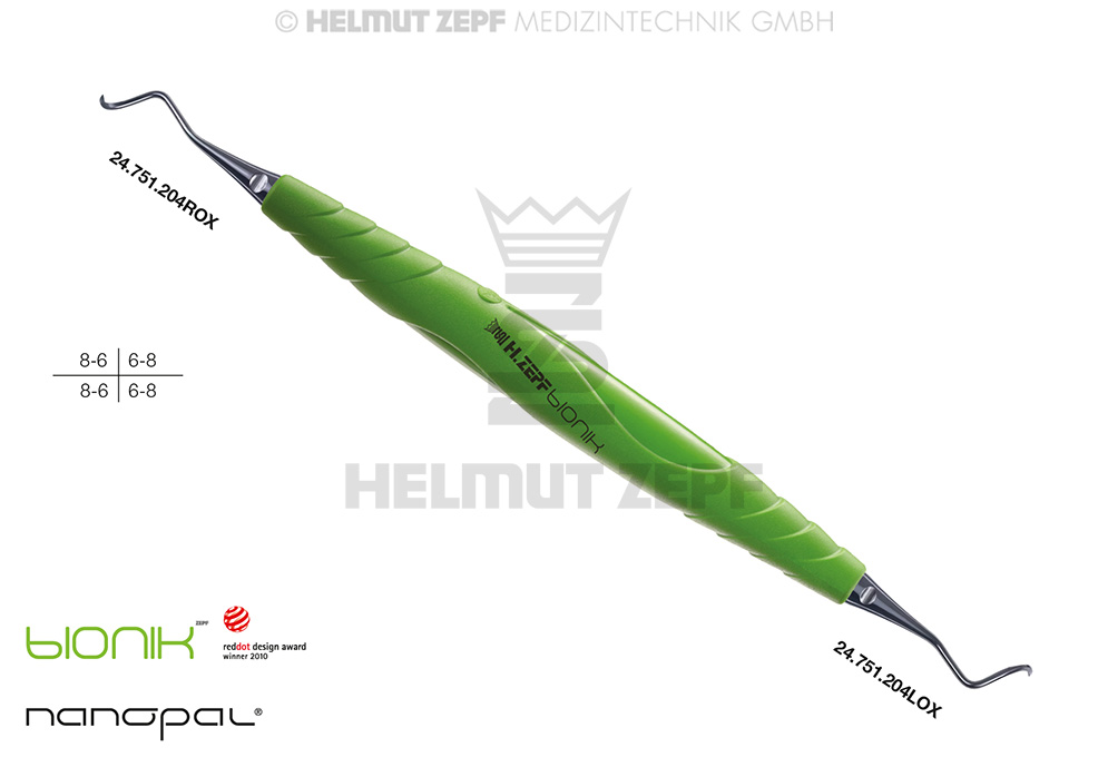 ZEPF-BIONIK CURETTE POUR PARODONTIE, 204S, VERTE-JAUNE, POINTES INTERCHANGEABLES