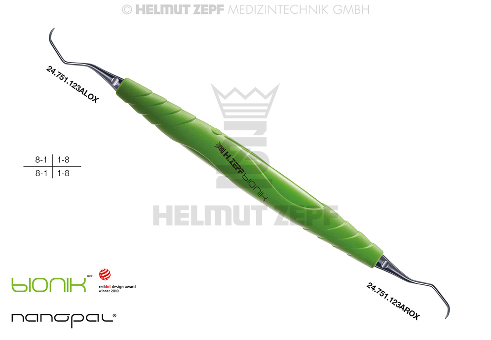 ZEPF-BIONIK CURETTE POUR PARODONTIE FIG-M 23 A, VERTE-JAUNE, NANOPAL COATING POUR MOLAIRES,