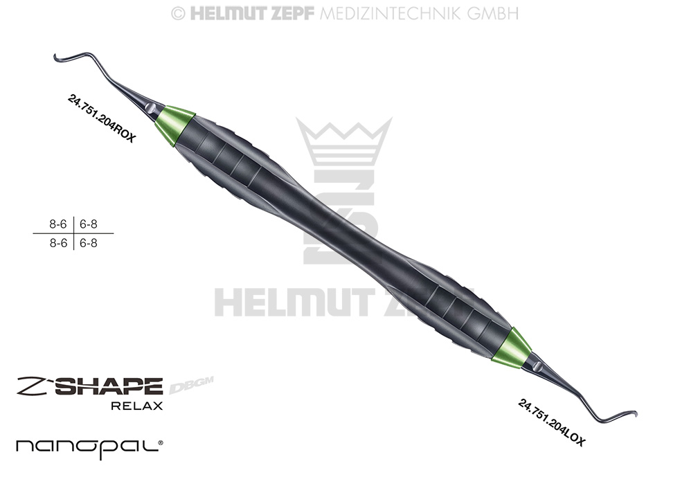 INSTRUMENT À DÉTARTRER EN FORME DE FAUCILLE, FIG. 204S MANCHE Z-SHAPE RELAX, VERT-JAUNE,