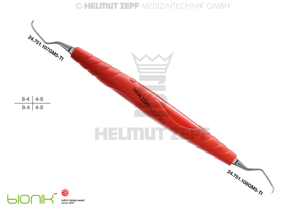 ZEPF-BIONIK CURETTE SPÉCIALE GRACEY 7/8 M5, 1ER TIGE ENV. 3MM PLUS LONG, ROUGE- MAGENTA, POINTES INTERCHANGEABLES, TITAN