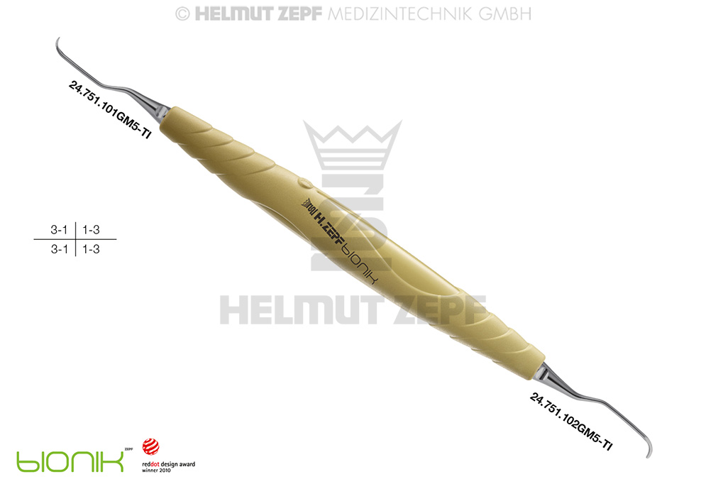 ZEPF-BIONIK CURETTE SPÉCIALE GRACEY 1/2 M5, 1ER TIGE ENV. 3MM PLUS LONG, JAUNE, POINTES INTERCHANGEABLES, TITANE