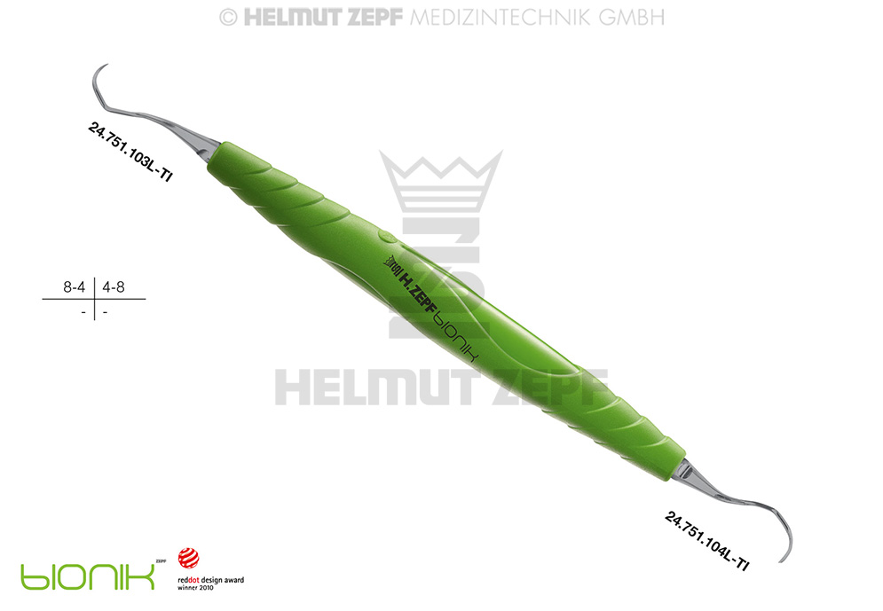 ZEPF-BIONIK, CURETTE POUR PARODONTIE LANGER FIG-3/4, VERTE-JAUNE POINTES  INTERCHANGEABLES