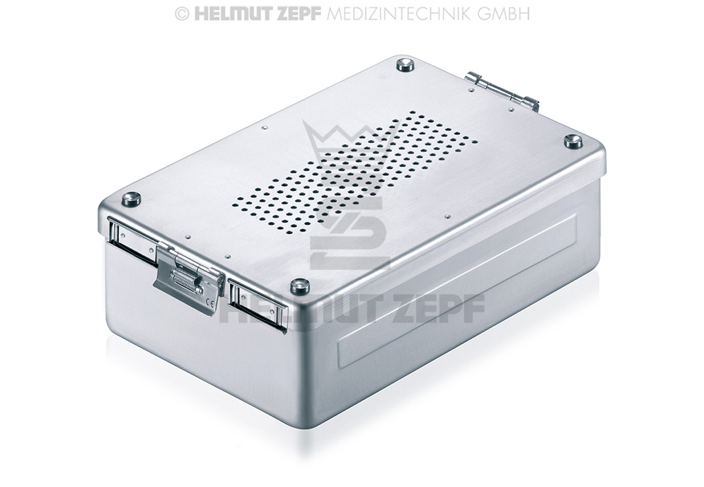 CONTENEUR DE STÉRILISATION, 310X190X65MM FOND ET COUVERCLE PERFORÉS, EN ALUMINIUM, GRIS,