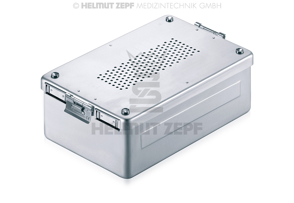 CONTENEUR DE STÉRILISATION, 310X190X80MM FOND ET COUVERCLE PERFORÉS, EN ALUMINIUM, GRIS,