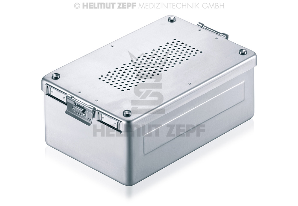 CONTENEUR DE STÉRILISATION 310X190X100MM FOND ET COUVERCLE PERFORÉS, EN ALUMINIUM, GRIS,