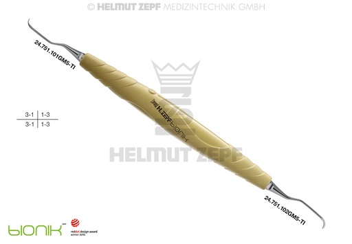 [2420101GM5-TI] ZEPF-BIONIK CURETTE SPÉCIALE GRACEY 1/2 M5, 1ER TIGE ENV. 3MM PLUS LONG, JAUNE, POINTES INTERCHANGEABLES, TITANE