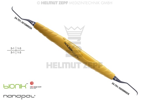 [2420101GM5OX] ZEPF-BIONIK CURETTE SPÉCIALE GRACEY 1/2 M5, 1ER TIGE ENV. 3MM PLUS LONG, JAUNE, POINTES INTERCHANGEABLES
